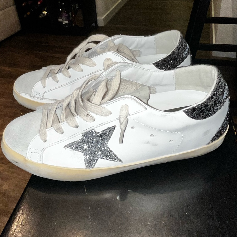 Golden Goose White Sneakers with Black Glitter Accents